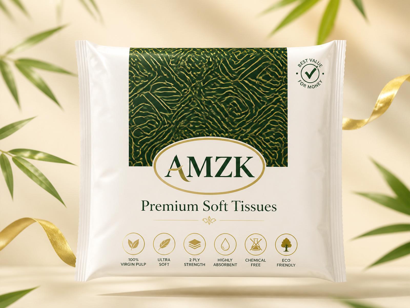 AMZK Tissues bamboo facial box surrounded by bamboo leaves